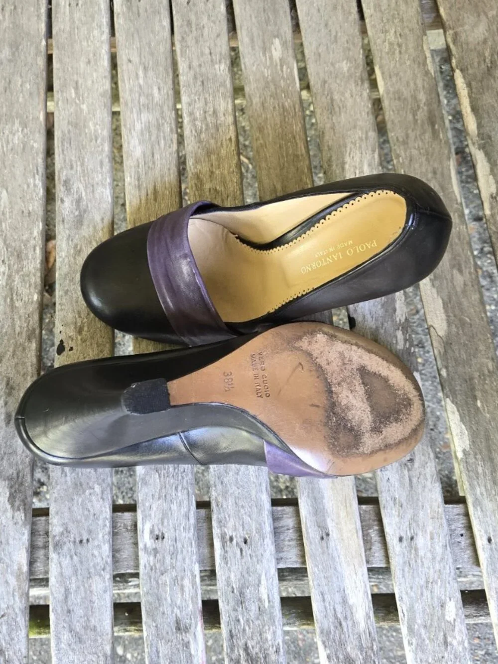 PAOLO IANTORNO Navy Purple Leather Wedge Pumps Shoes 38.5